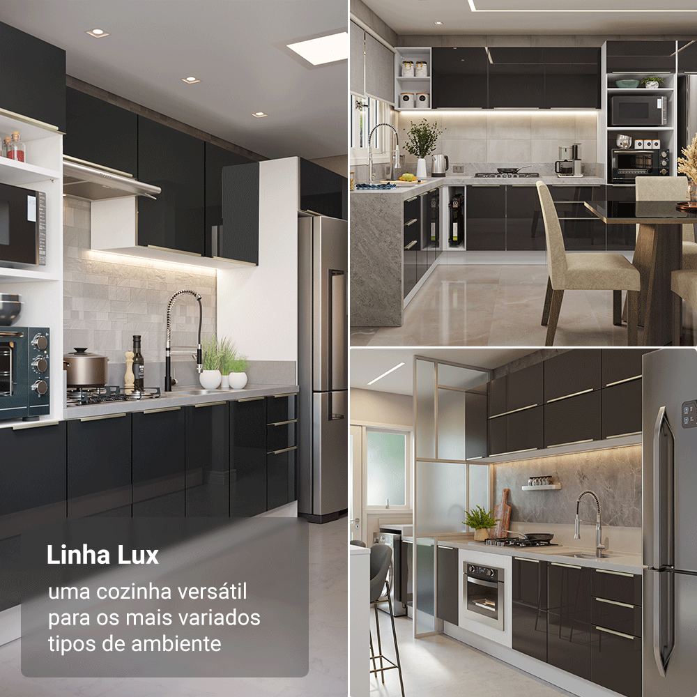 Balcão de Cozinha 40 cm 3 Gavetas (Sem Tampo) Branco/Preto Lux Madesa