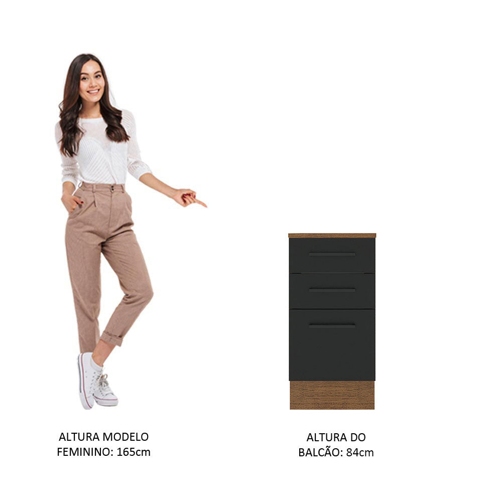 Balcão Madesa Agata 40 cm 3 Gavetas Rustic/Preto