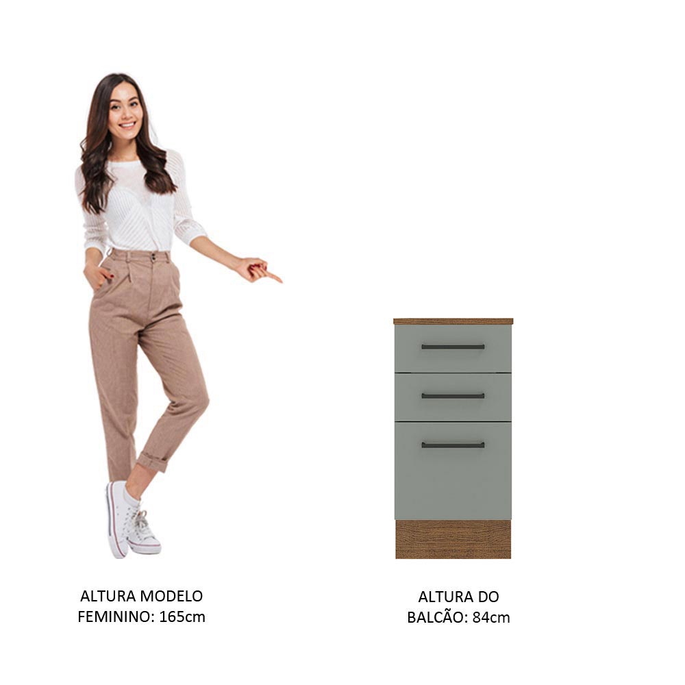 Balcão Madesa Agata 40 cm 3 Gavetas Rustic/Cinza