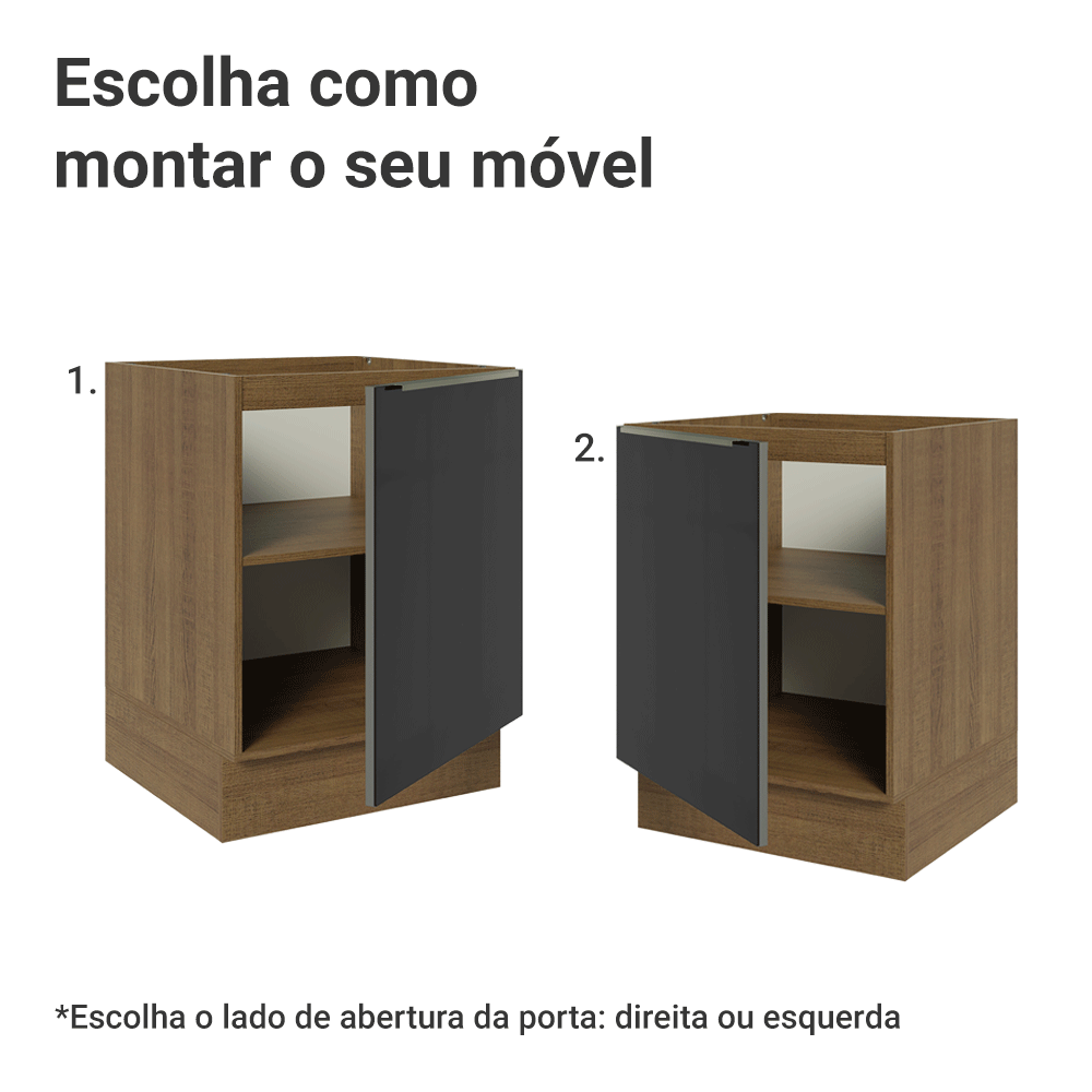 Balcão de Cozinha 60 cm 1 Porta (Sem Tampo) Rustic/Preto Lux Madesa