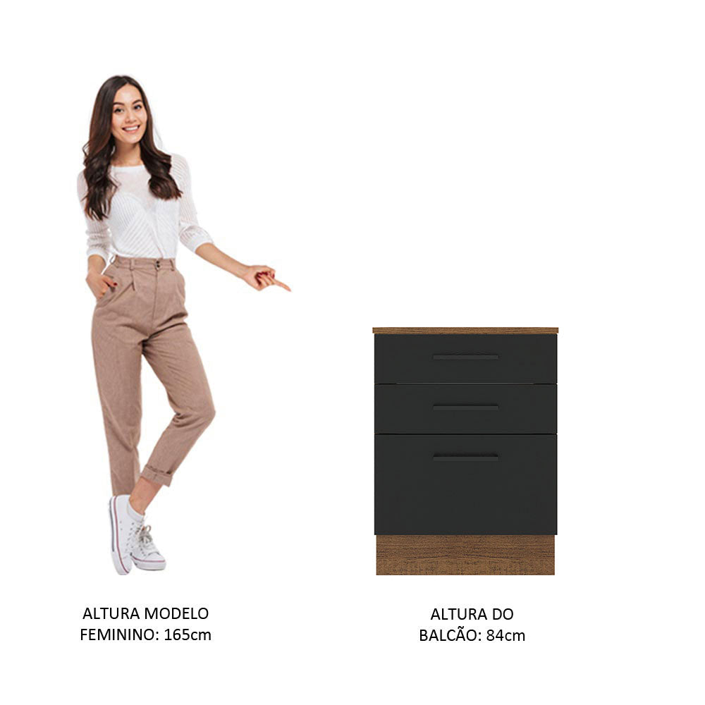 Balcão Madesa Agata 60 cm 3 Gavetas Rustic/Preto