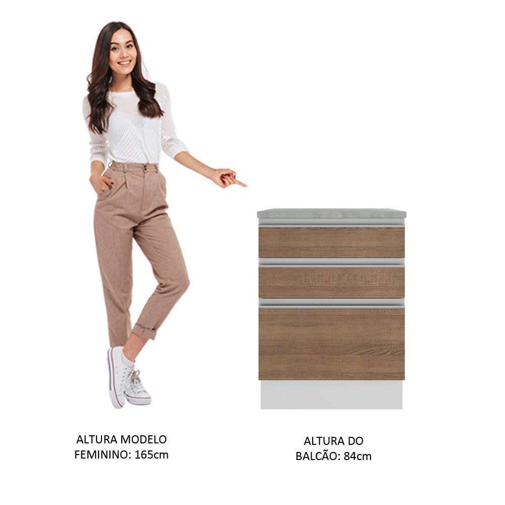 Balcão Madesa Glamy 60 cm 3 Gavetas Branco/Rustic