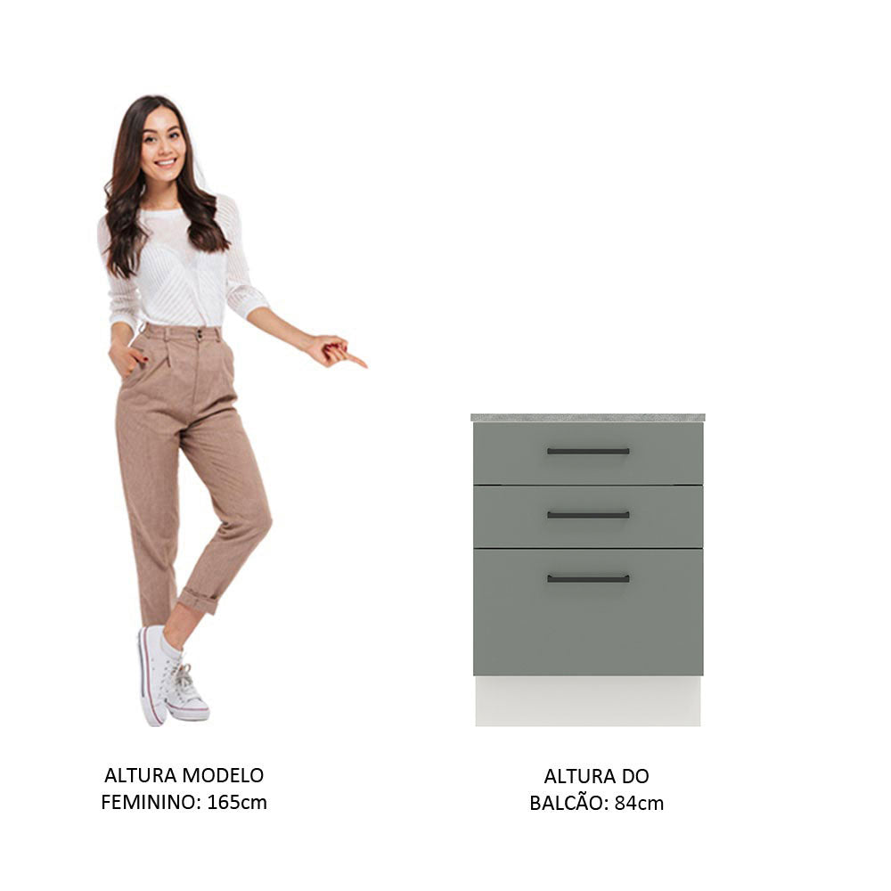 Balcão Madesa Agata 60 cm 3 Gavetas Branco/Cinza