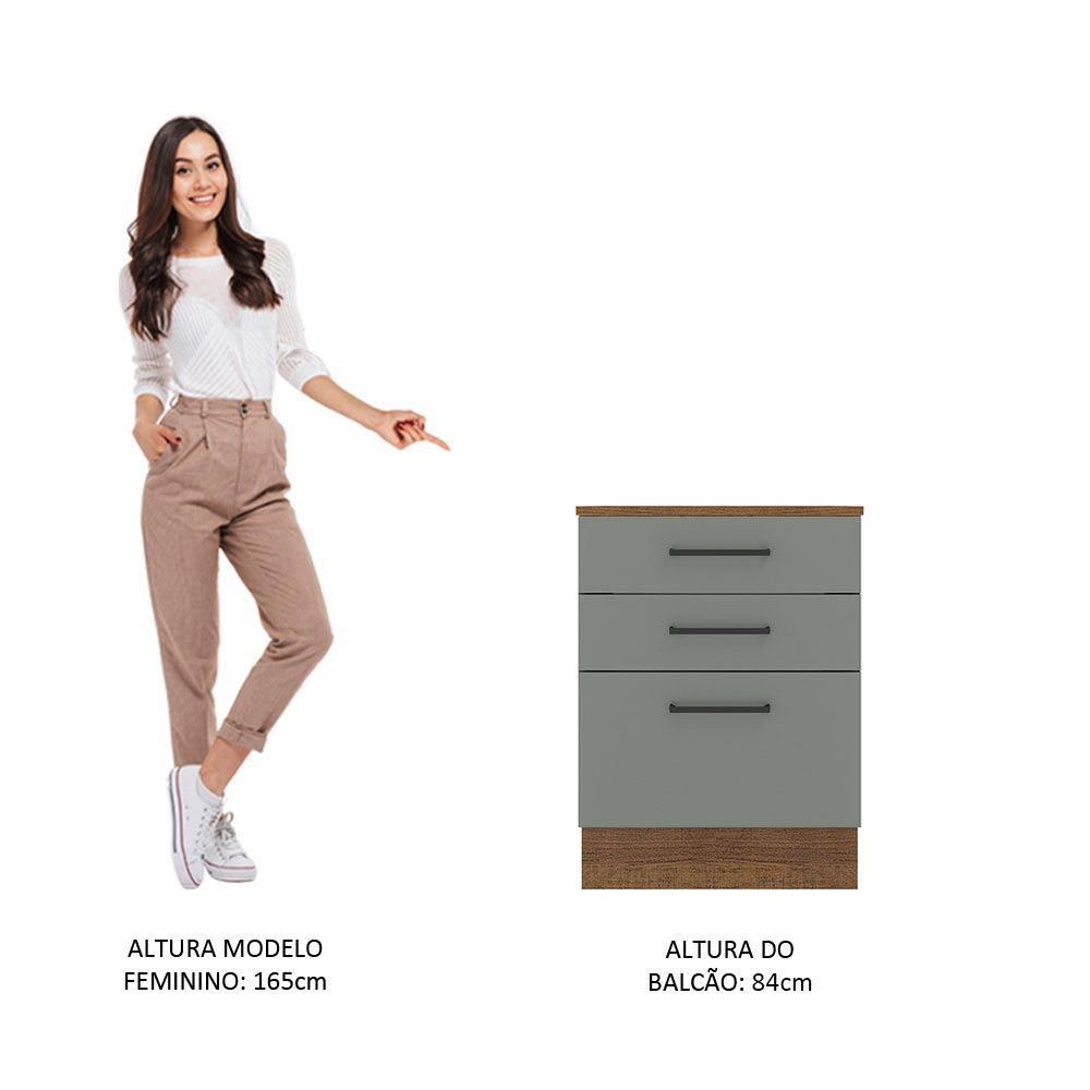 Balcão Madesa Agata 60 cm 3 Gavetas Rustic/Cinza