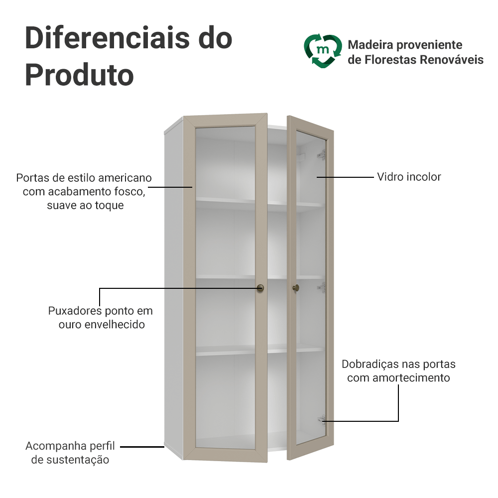 Cristaleira Suspensa 70 cm 2 Portas de Vidro Branco/Crema Vik Madesa