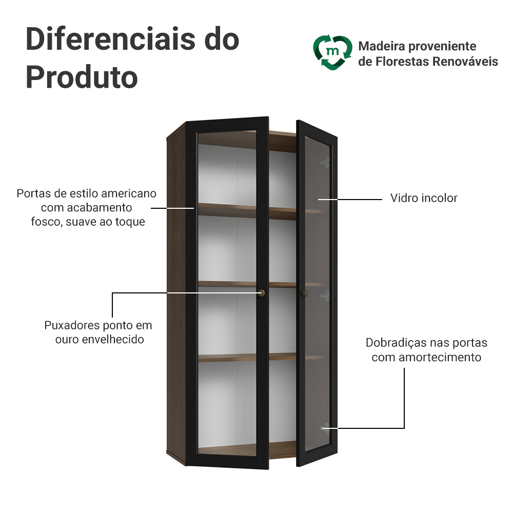 Cristaleira Suspensa 70 cm 2 Portas de Vidro Rustic/Preto Vik Madesa