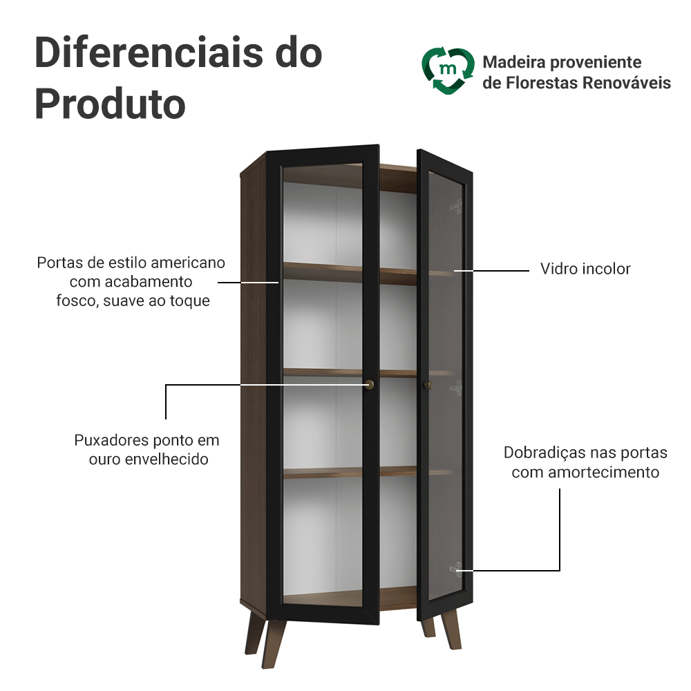 Cristaleira 70 cm 2 Portas de Vidro com Pés Trapézio Rustic/Preto/Rustic Vik Madesa