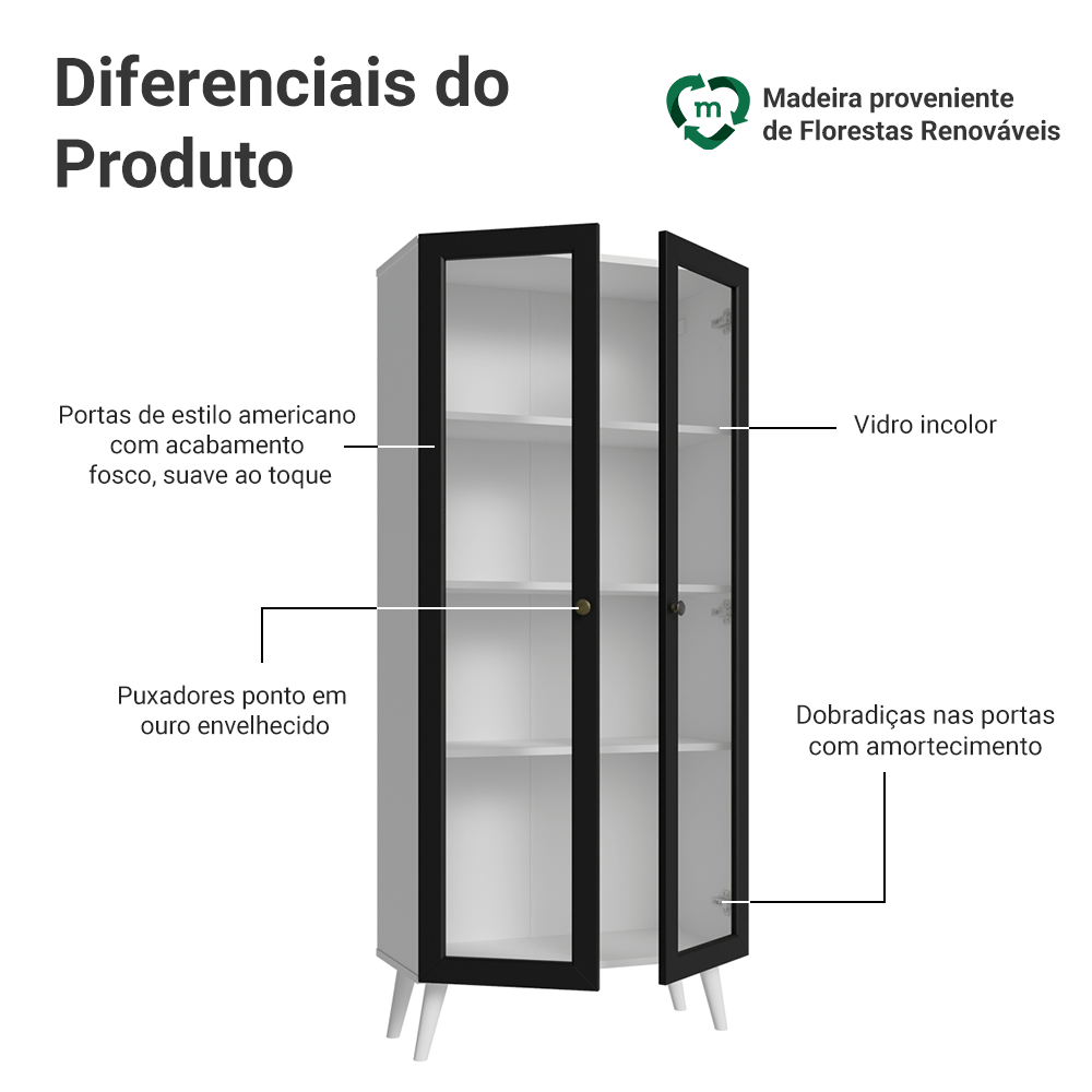 Cristaleira 70 cm 2 Portas de Vidro com Pés Cônicos Branco/Preto Vik Madesa