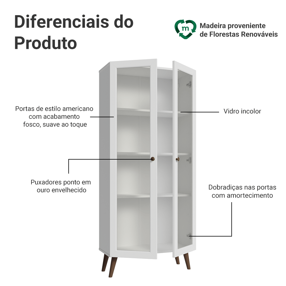 Cristaleira 70 cm 2 Portas de Vidro com Pés Cônicos Branco/Rustic Vik Madesa