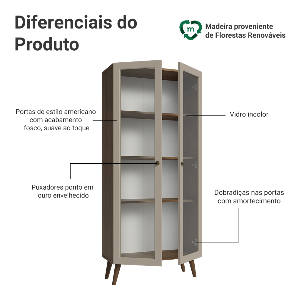 Cristaleira 70 cm 2 Portas de Vidro com Pés Cônicos Rustic/Crema/Rustic Vik Madesa