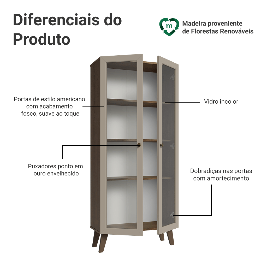 Cristaleira 70 cm 2 Portas de Vidro com Pés Trapézio Rustic/Crema/Rustic Vik Madesa