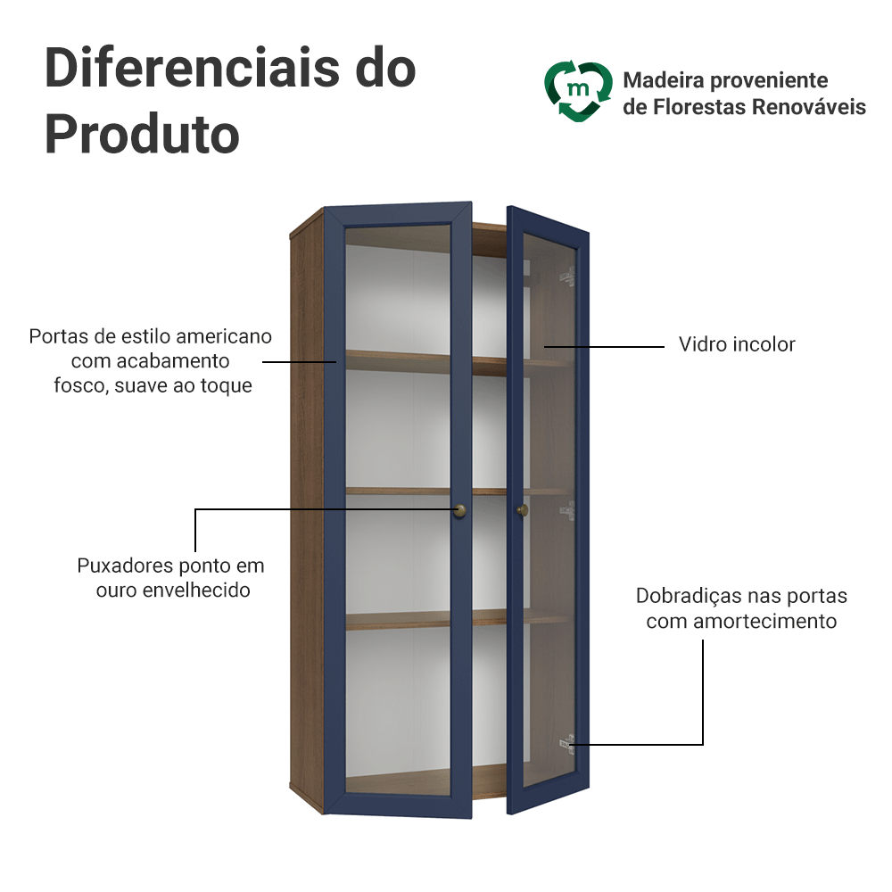 Cristaleira Suspensa 70 cm 2 Portas de Vidro Rustic/Azul Vik Madesa