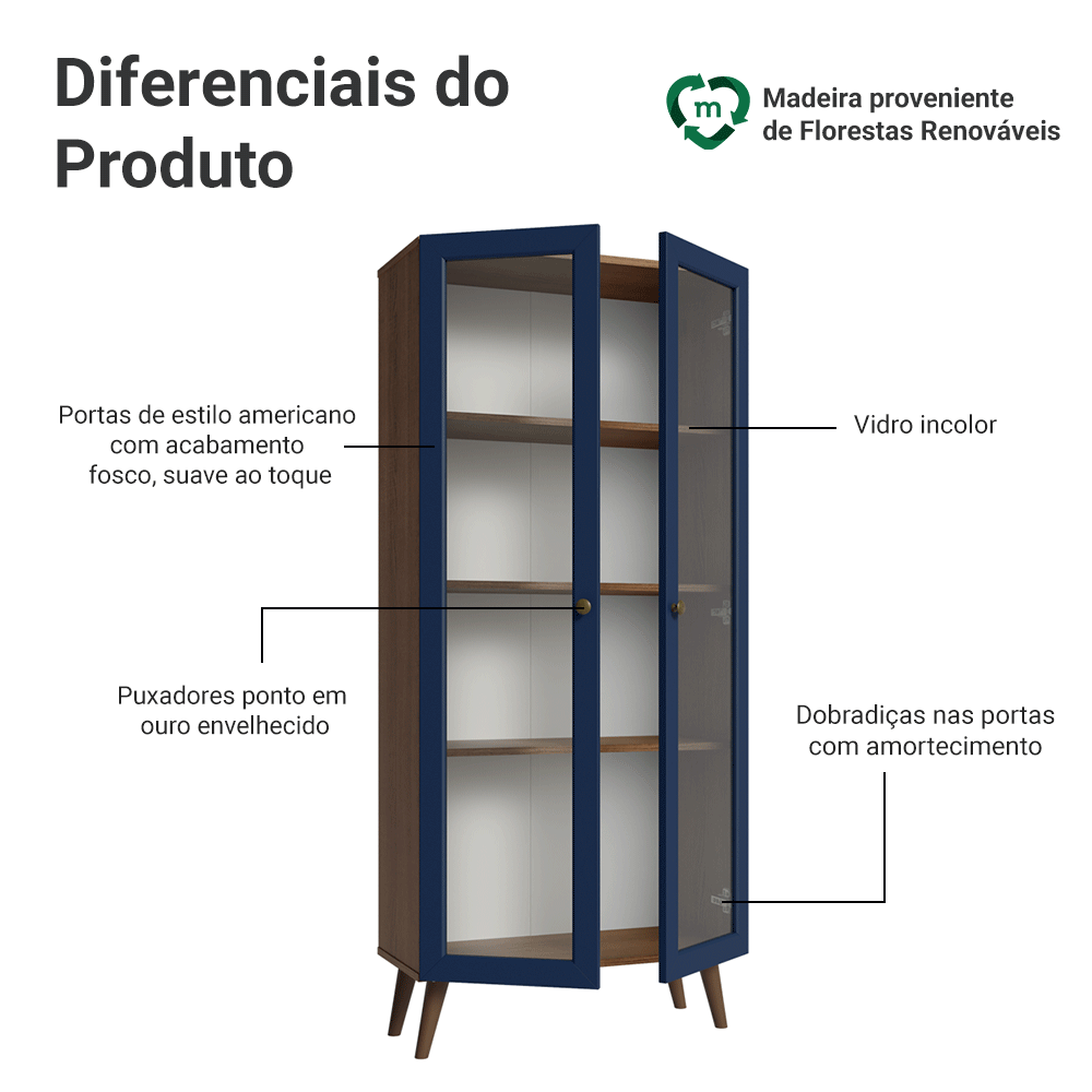 Cristaleira 70 cm 2 Portas de Vidro com Pés Cônicos Rustic/Azul/Rustic Vik Madesa