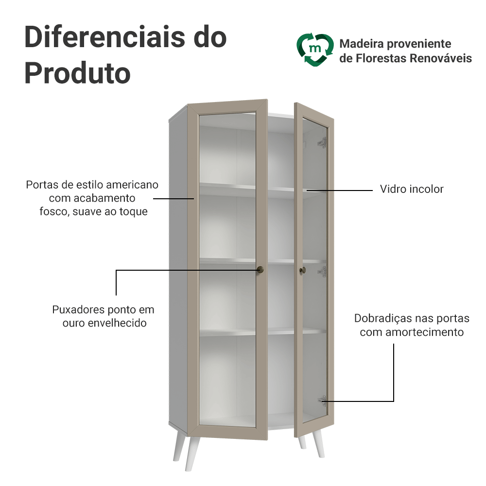 Cristaleira 70 cm 2 Portas de Vidro com Pés Cônicos Branco/Crema/Branco Vik Madesa
