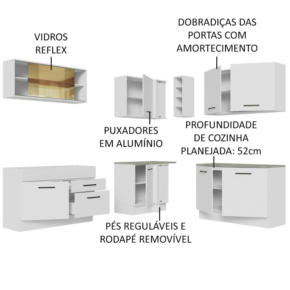 Armário de Cozinha Completa de Canto 389cm Branco Agata Madesa 01