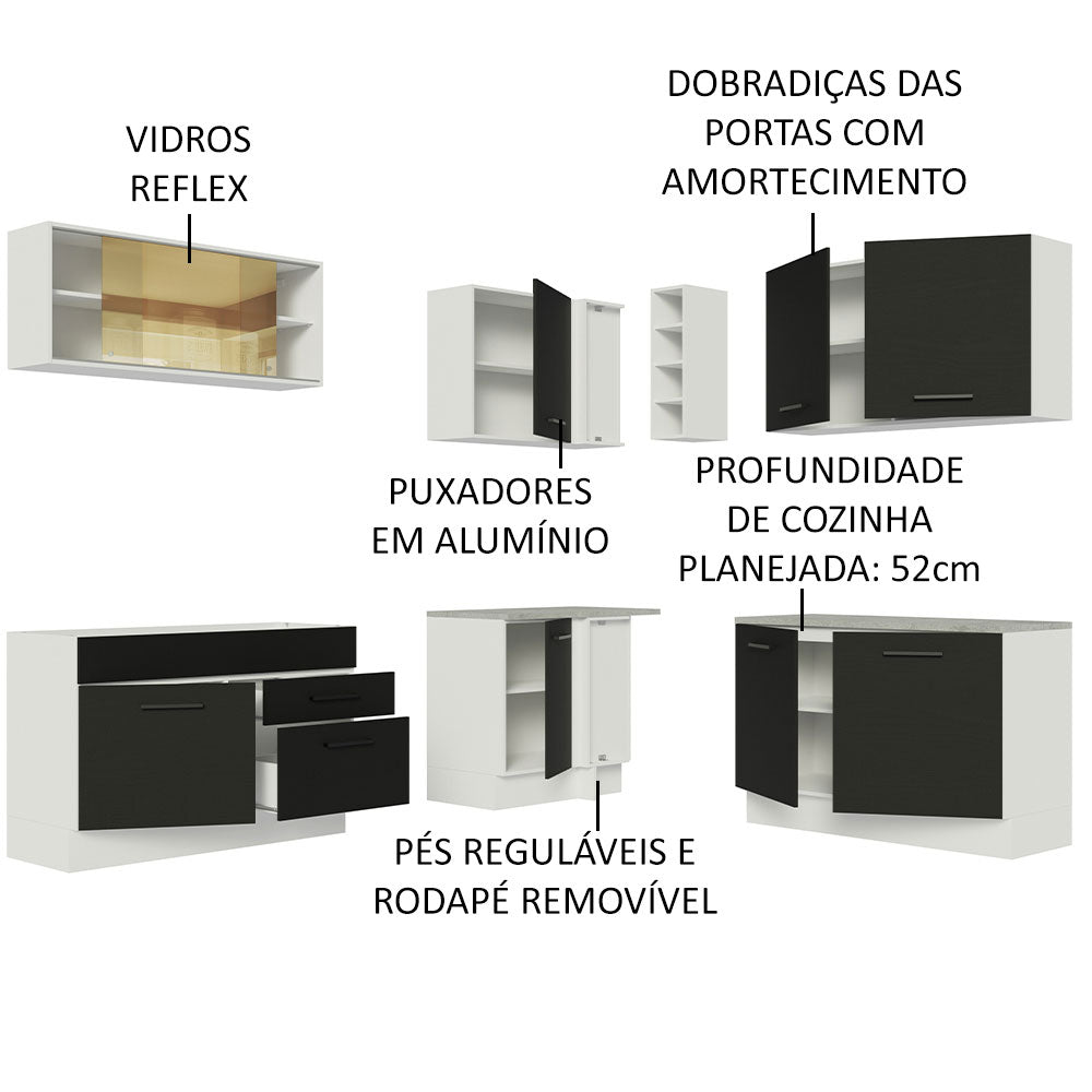 Armário de Cozinha Completa de Canto 389cm Branco Preto Agata Madesa 01