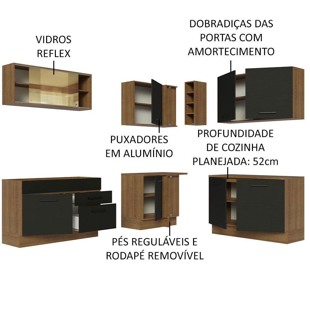 Armário de Cozinha Completa de Canto 389cm Rustic Preto Agata Madesa 01