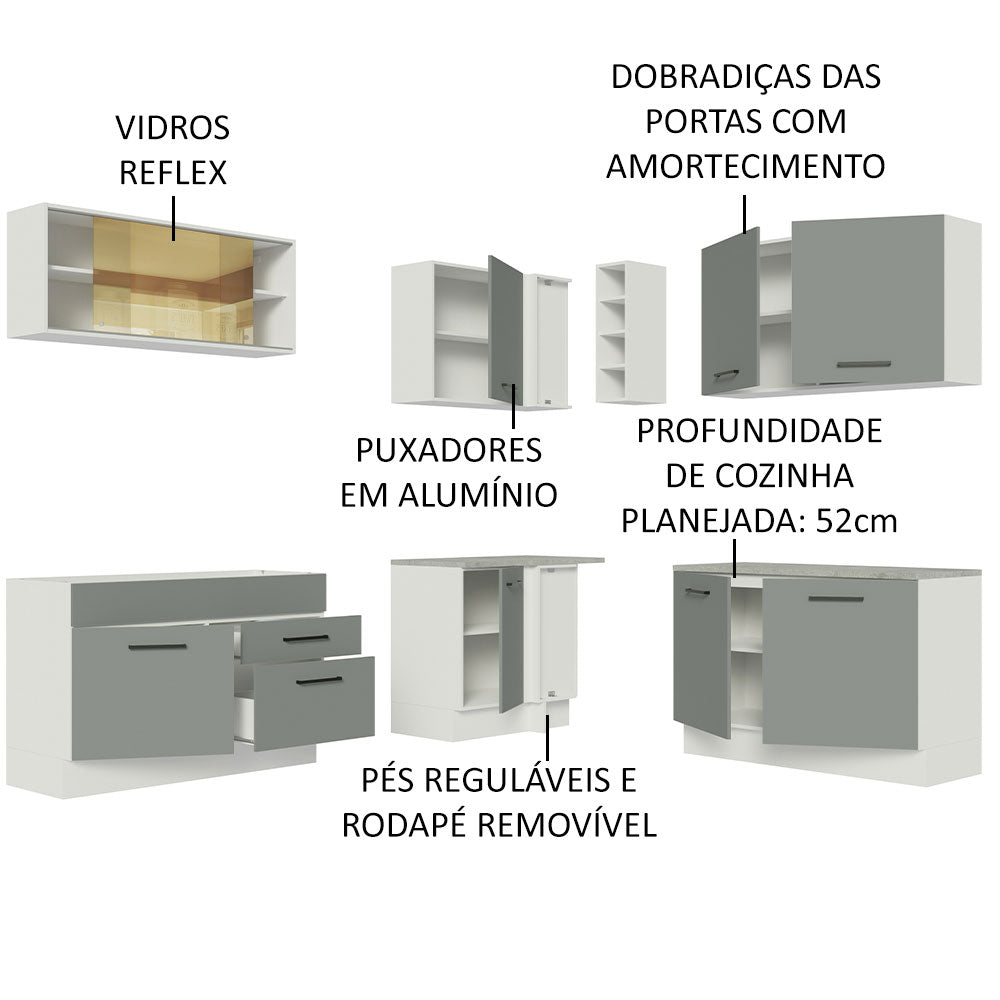 Armário de Cozinha Completa de Canto 389cm Branco Cinza Agata Madesa 01