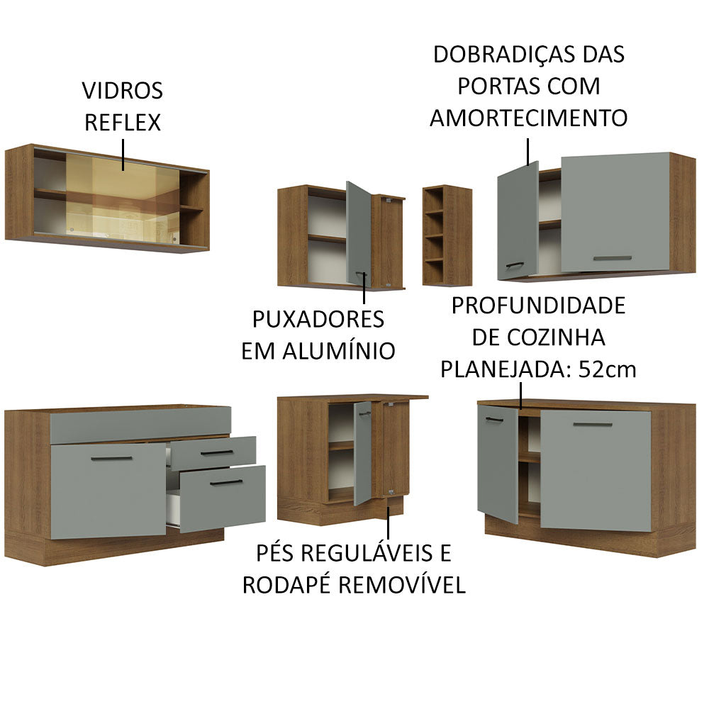 Armário de Cozinha Completa de Canto 389cm Rustic Cinza Agata Madesa 01