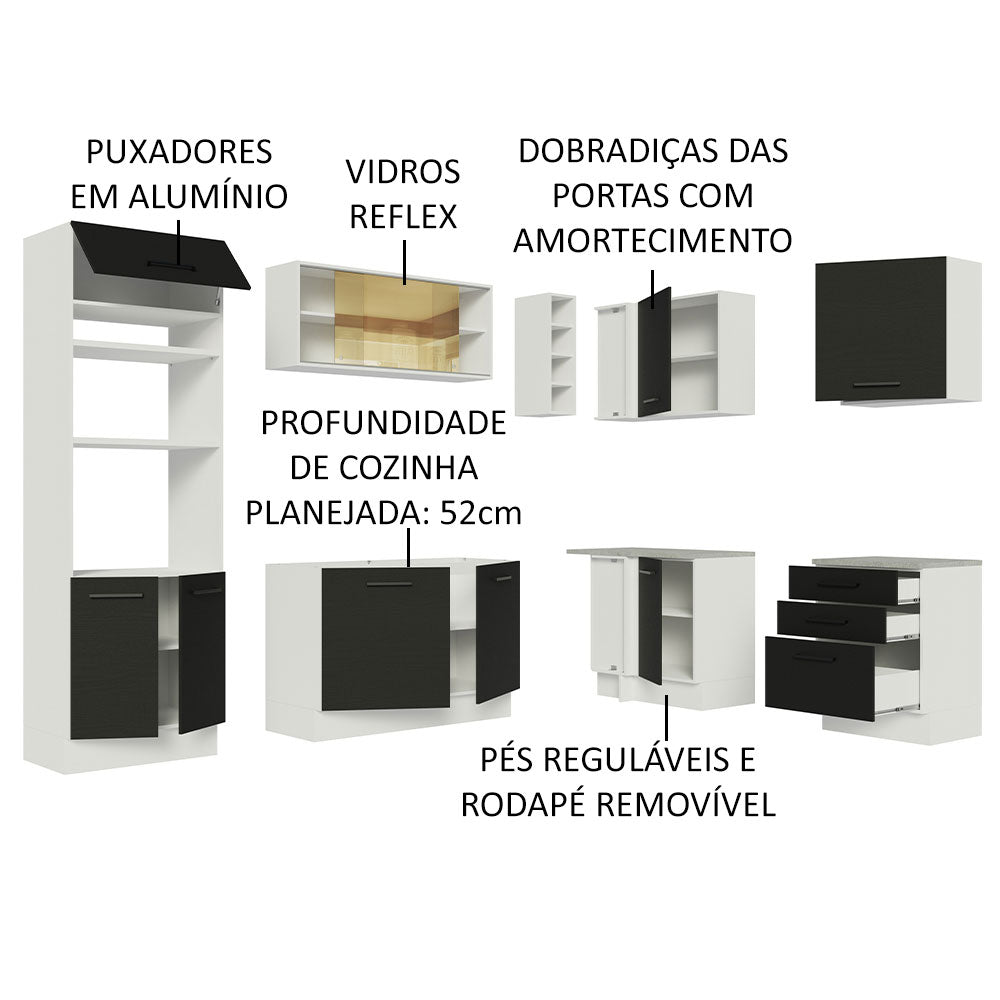 Armário de Cozinha Completa de Canto 399cm Branco Preto Agata Madesa 01