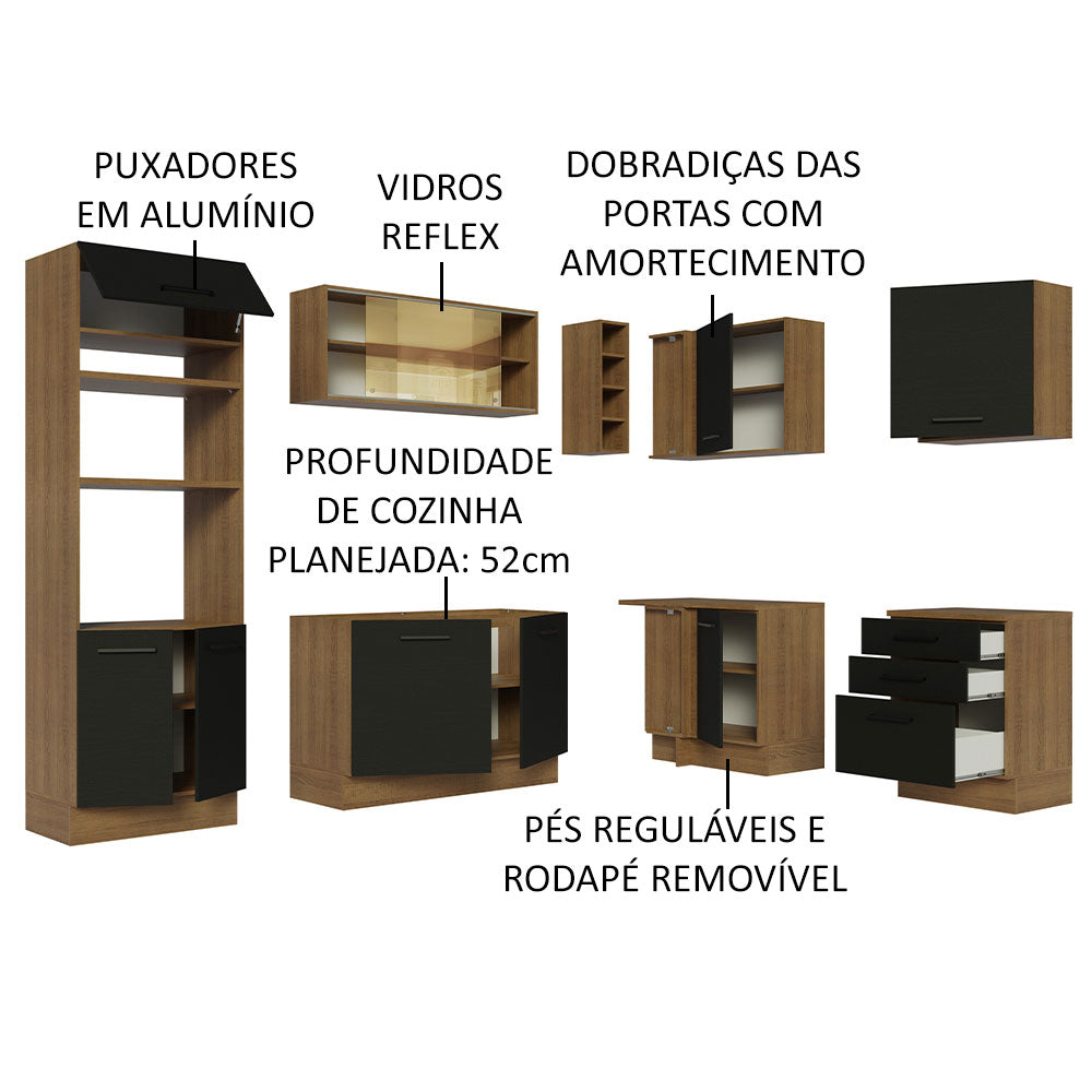 Armário de Cozinha Completa de Canto 399cm Rustic Preto Agata Madesa 01