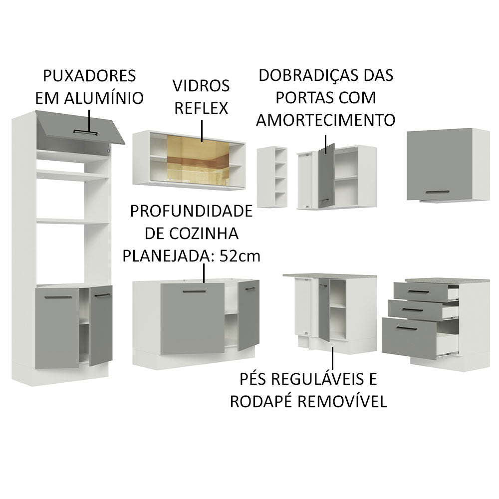 Armário de Cozinha Completa de Canto 399cm Branco Cinza Agata Madesa 01