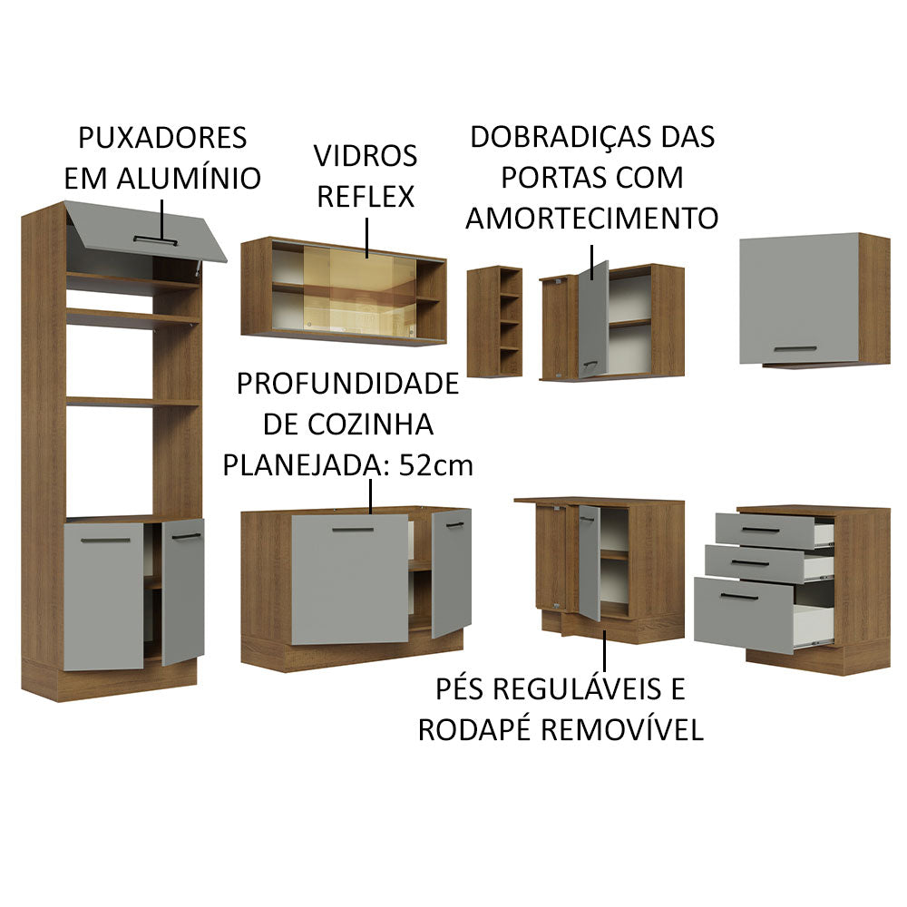 Armário de Cozinha Completa de Canto 399cm Rustic Cinza Agata Madesa 01
