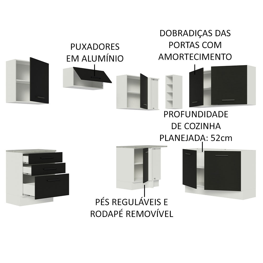 Armário de Cozinha Completa de Canto 399cm Branco Preto Agata Madesa 02