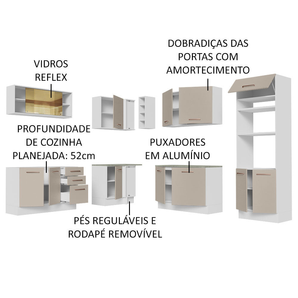 Armário de Cozinha Completa de Canto 459cm Branco/Crema Agata Madesa 01