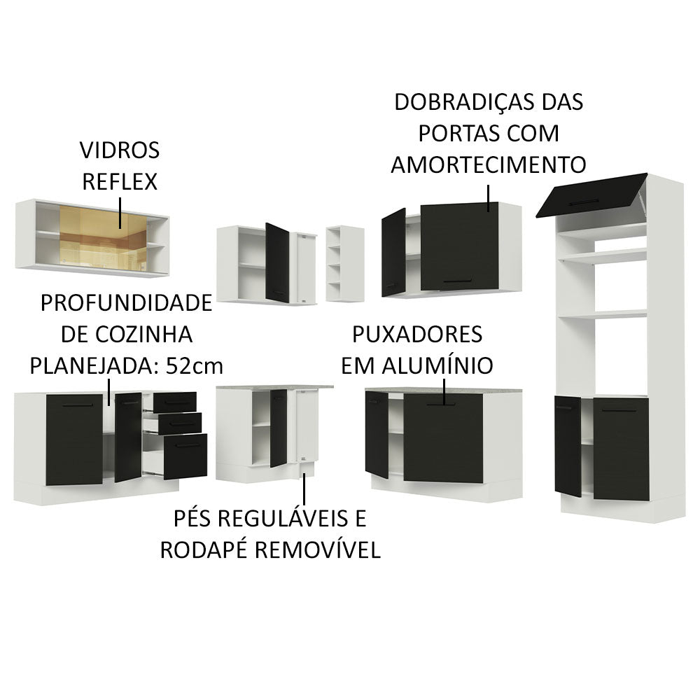 Armário de Cozinha Completa de Canto 459cm Branco Preto Agata Madesa 01