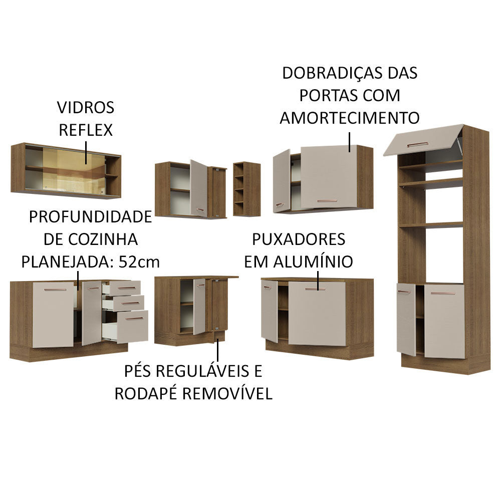 Armário de Cozinha Completa de Canto 459cm Rustic/Crema Agata Madesa 01