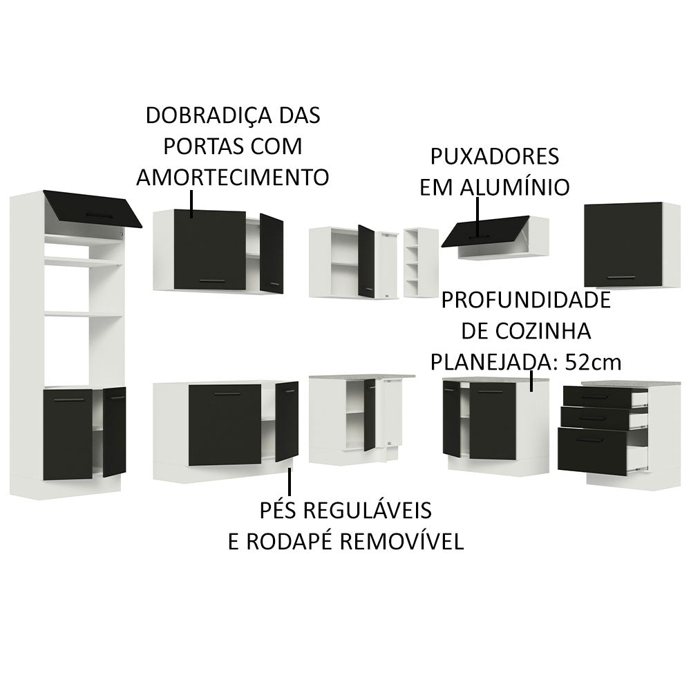 Armário de Cozinha Completa de Canto 479cm Branco Preto Agata Madesa 01