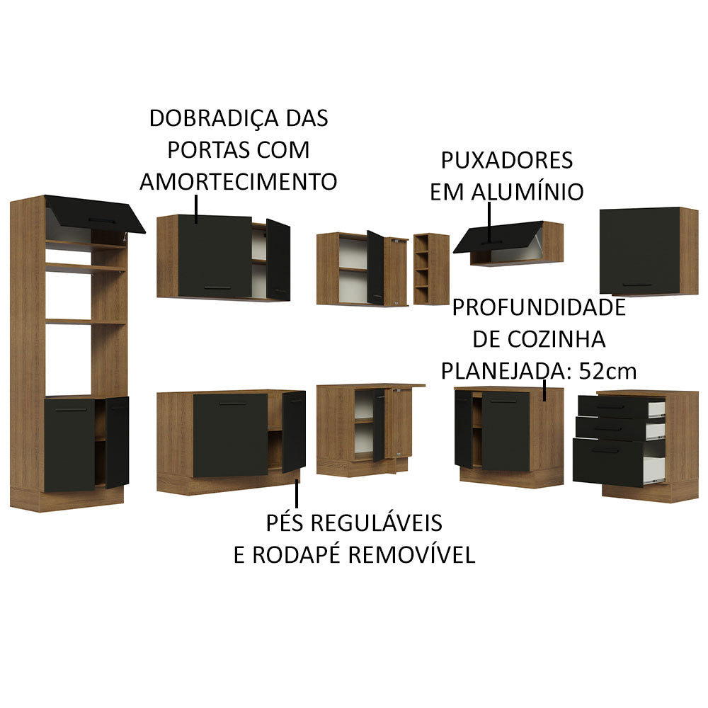 Armário de Cozinha Completa de Canto 479cm Rustic Preto Agata Madesa 01