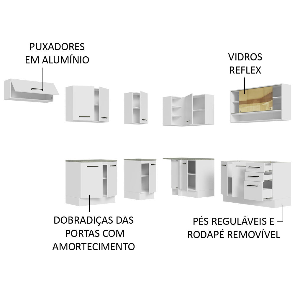 Armário de Cozinha Completa de Canto 486cm Branco 60cm de Profundidade Agata Madesa 01