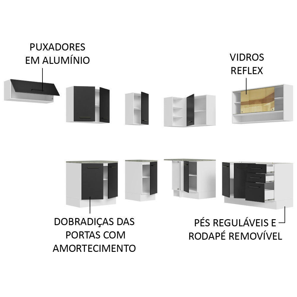 Armário de Cozinha Completa de Canto 486cm Branco/Preto 60cm de Profundidade Agata Madesa 01