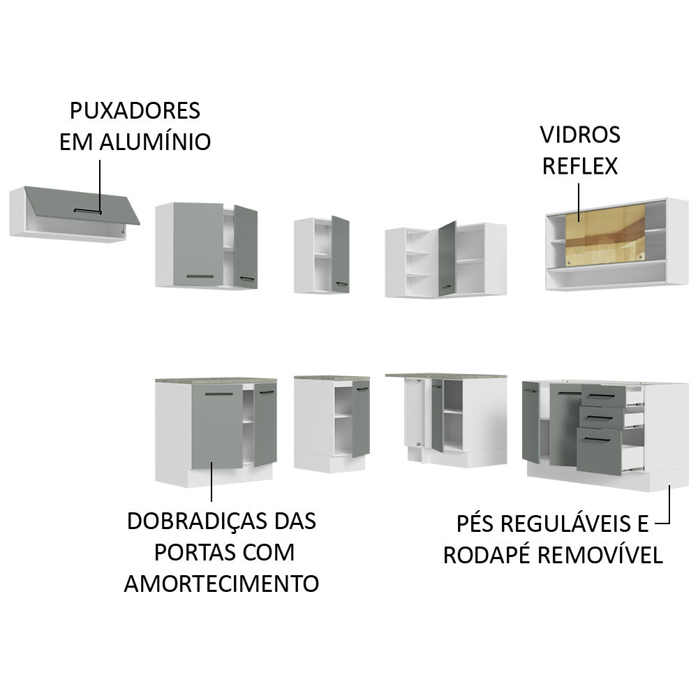 Armário de Cozinha Completa de Canto 486cm Branco/Cinza 60cm de Profundidade Agata Madesa 01