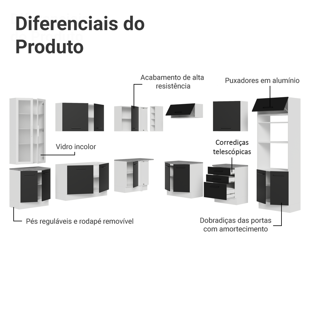 Armário de Cozinha Completa 549cm Branco/Preto Agata Madesa 01