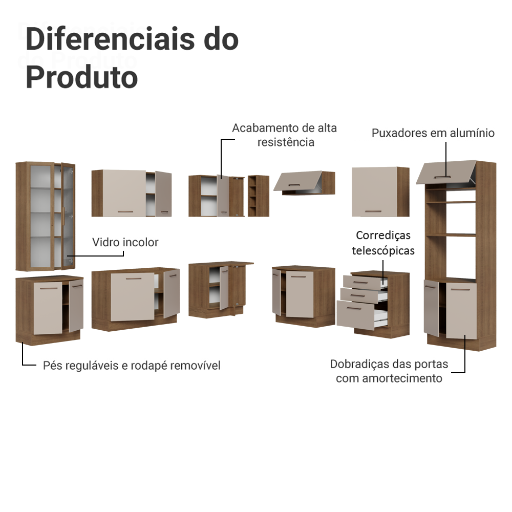 Armário de Cozinha Completa 549cm Rustic/Crema Agata Madesa 01