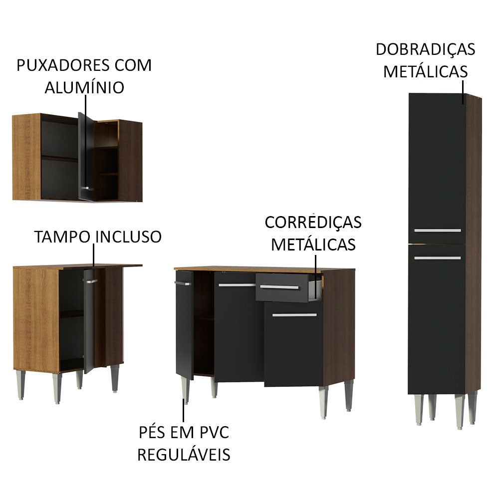 Armário de Cozinha Completa de Canto 261cm Rustic/Preto Emilly Song Madesa 01