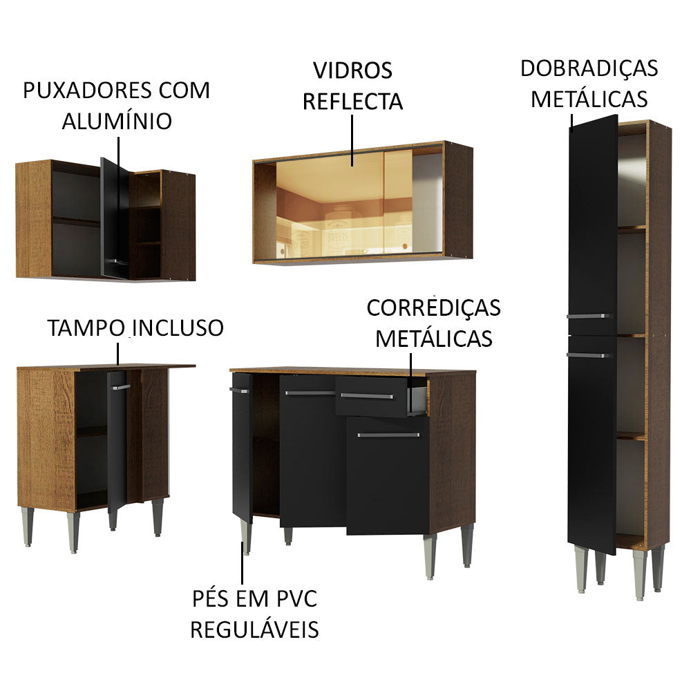 Armário de Cozinha Completa de Canto 261cm Rustic/Preto Emilly River Madesa 03