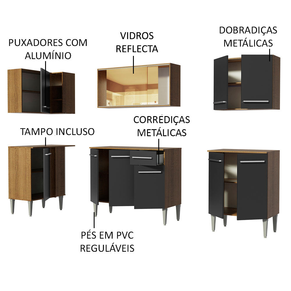 Armário de Cozinha Completa de Canto 293cm Rustic/Preto Emilly Play Madesa 04