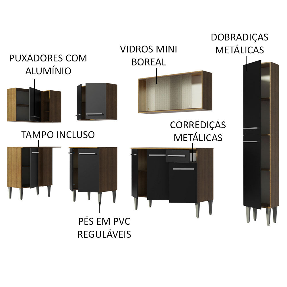 Armário de Cozinha Completa de Canto 325cm Rustic/Preto Emilly Space Madesa 03
