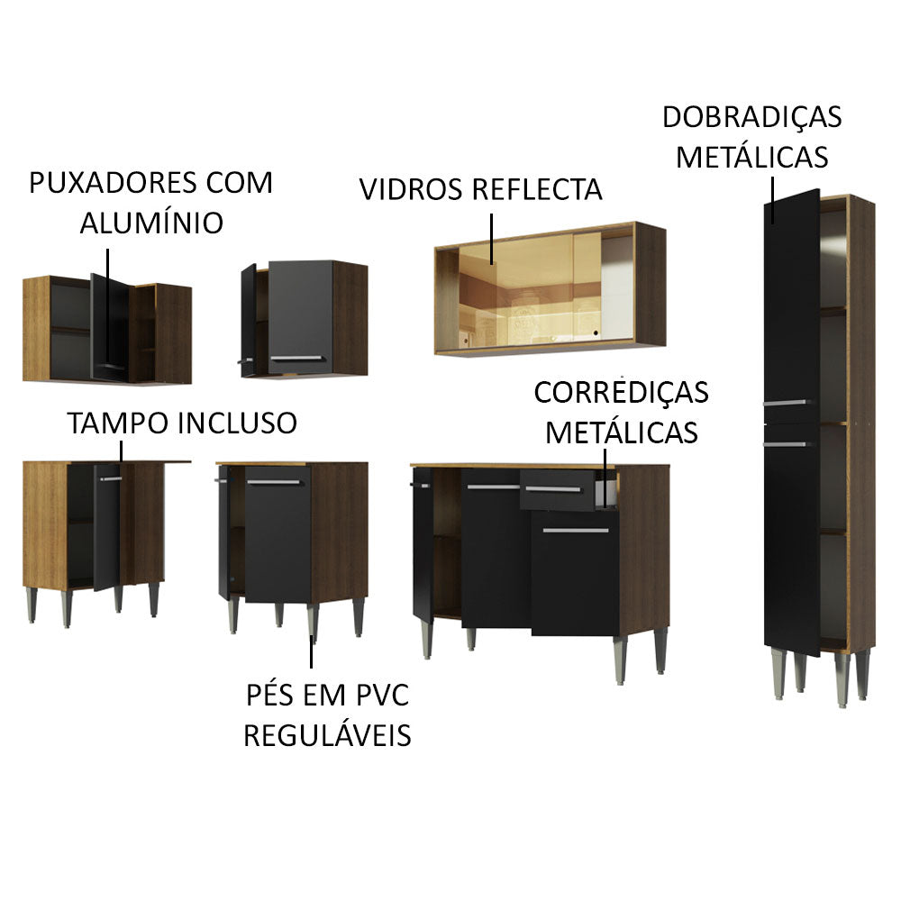 Armário de Cozinha Completa de Canto 325cm Rustic/Preto Emilly Wave Madesa 04
