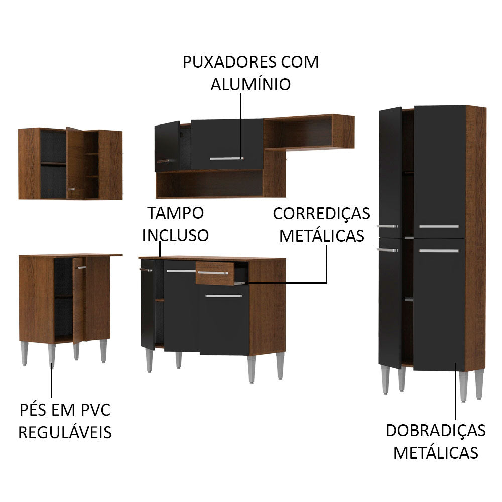 Armário de Cozinha Completa de Canto 353cm Rustic/Preto Emilly Sun Madesa 01