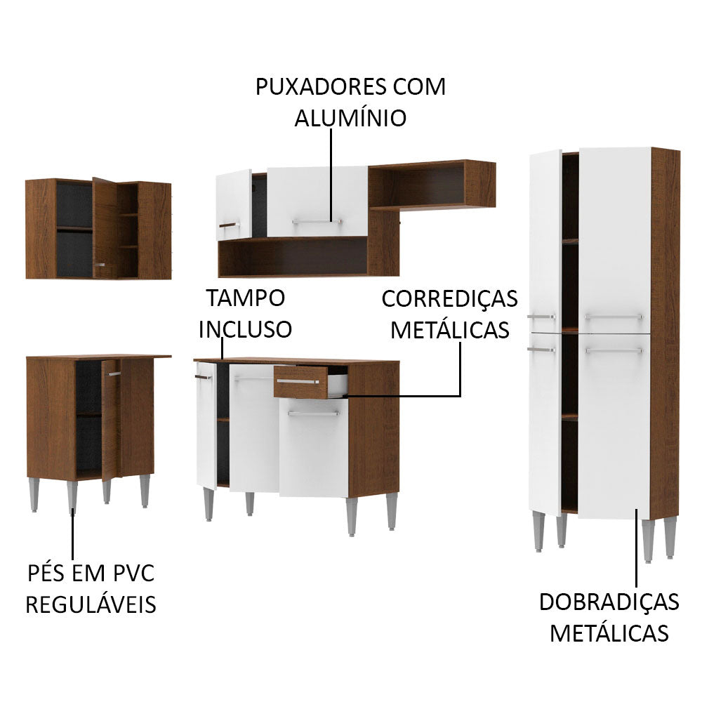 Armário de Cozinha Completa de Canto 353cm Rustic/Branco Emilly Sun Madesa 01