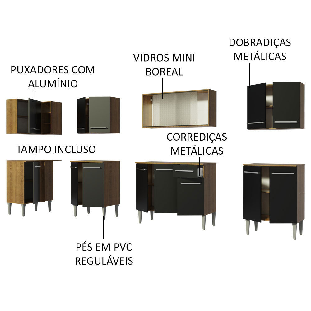 Armário de Cozinha Completa de Canto 357cm Rustic/Preto Emilly Jazz Madesa 02