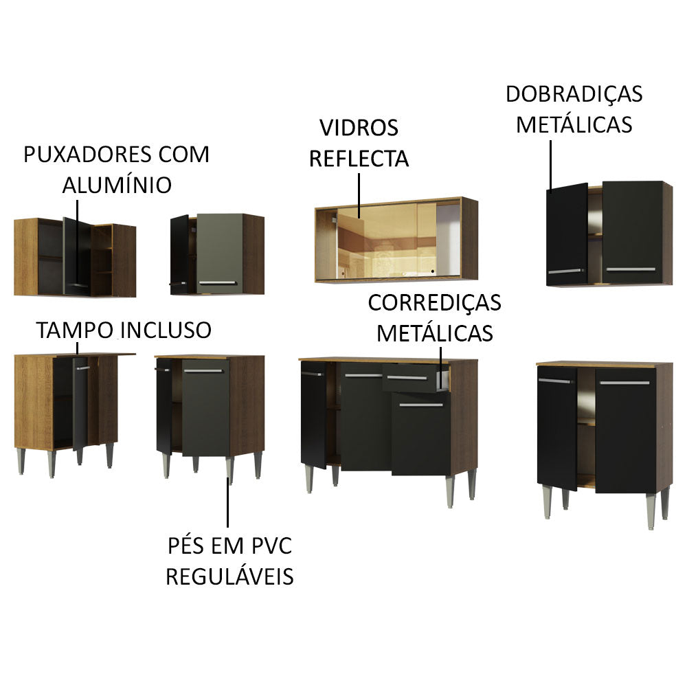 Armário de Cozinha Completa de Canto 357cm Rustic/Preto Emilly Mega Madesa 03