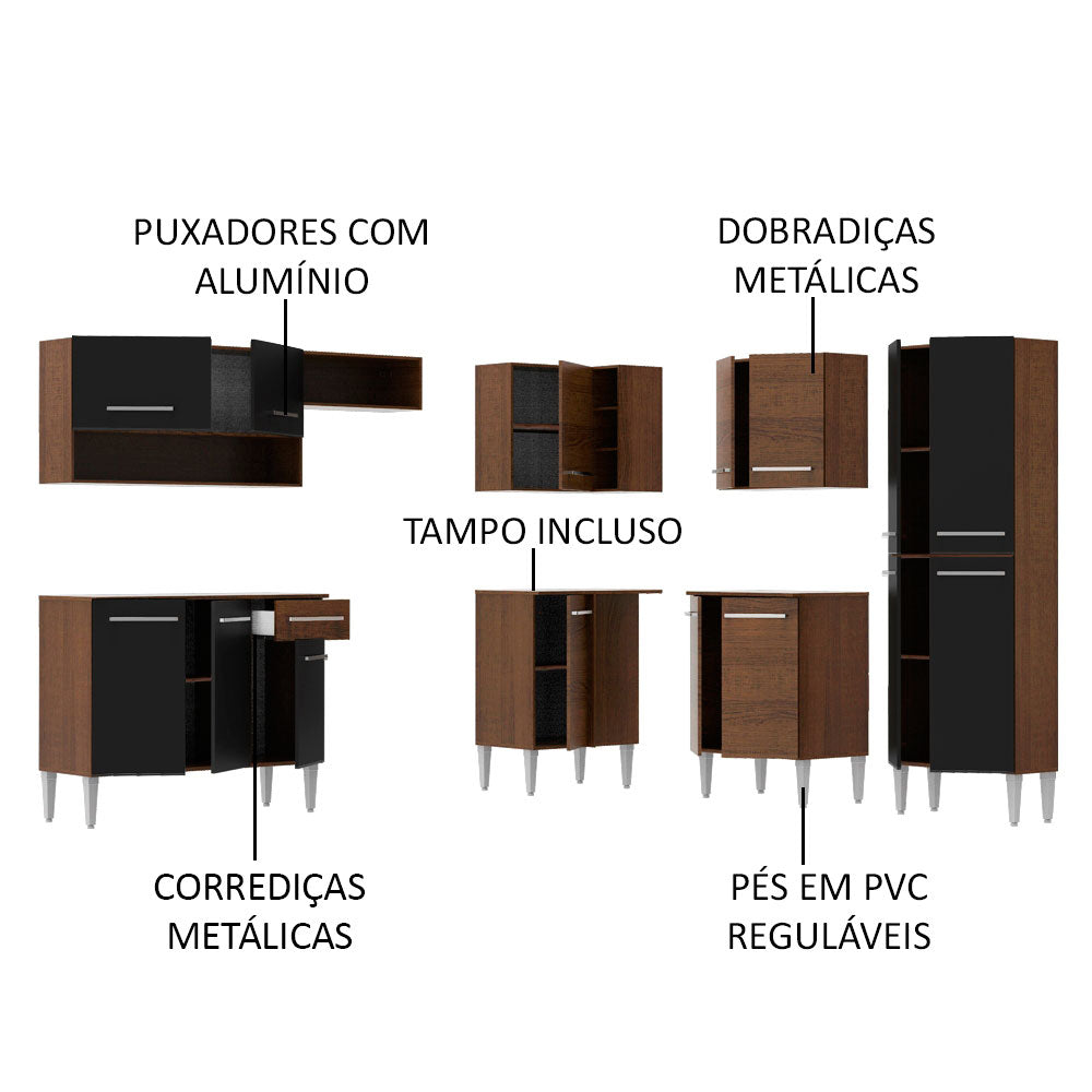 Armário de Cozinha Completa de Canto 417cm Rustic/Preto Emilly Ice Madesa 01