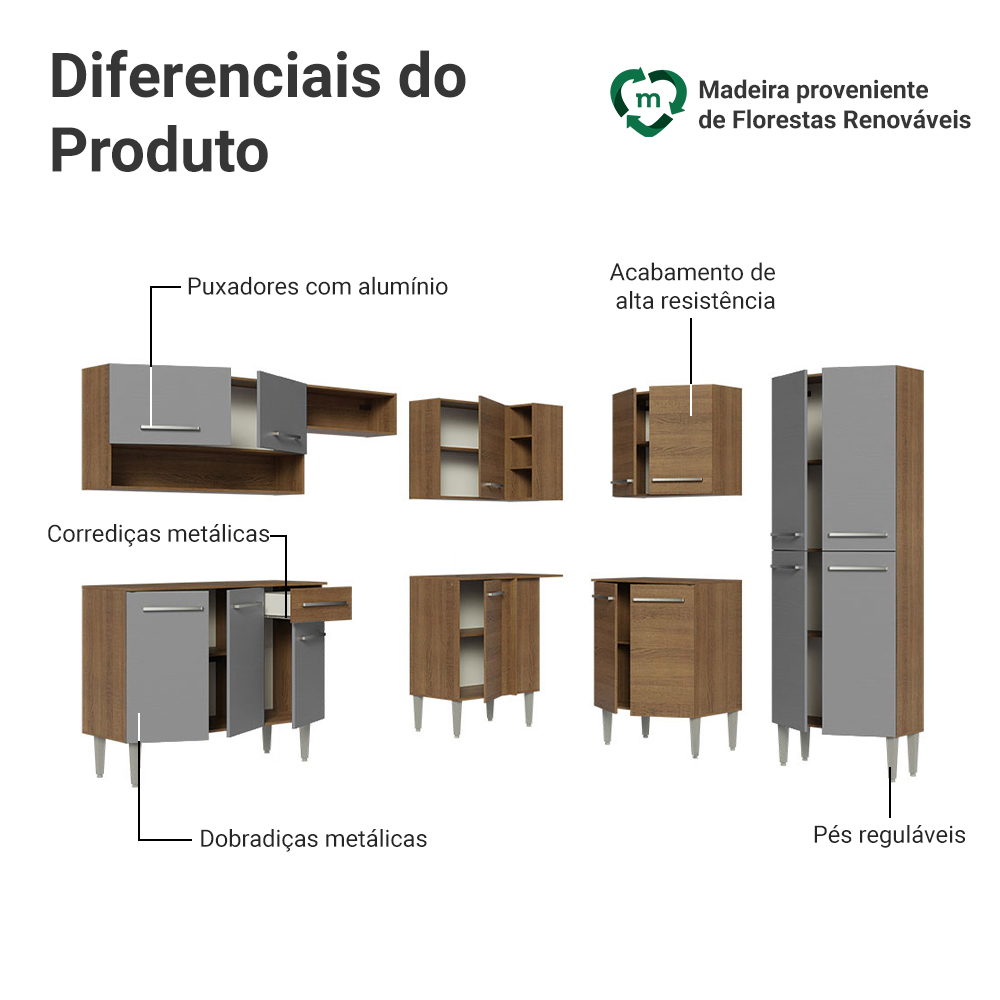 Armário de Cozinha Completa de Canto 417cm Rustic/Cinza Emilly Madesa 02