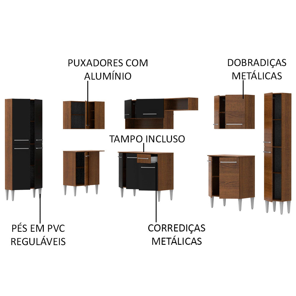 Armário de Cozinha Completa de Canto 513cm Rustic/Preto Emilly Live Madesa 01